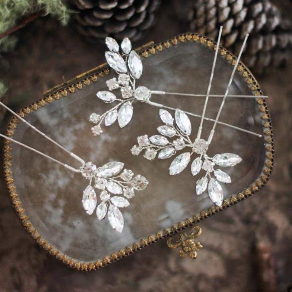 Silver Crystal Bride Wedding Hair Pins Silver Hair Piece Bridal Flower